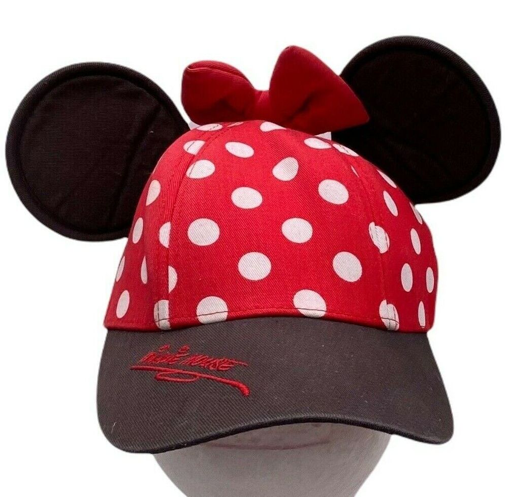 Disney Parks Minnie Mouse Polka Dot Baseball Cap Hat with Ears & Bow Youth Size